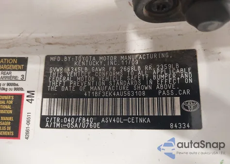 2010 Toyota Camry Le из США, поврежденный, VIN 4T1BF3EK4AU563108